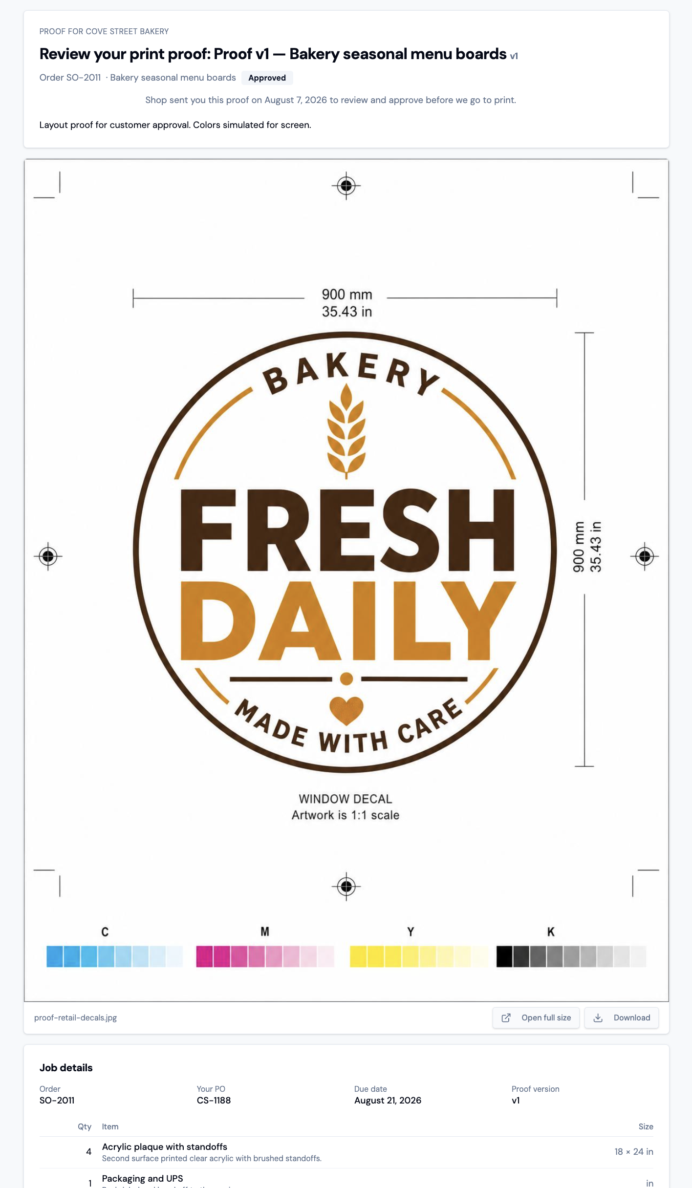 Print-It 26 customer proof review page showing approved bakery artwork and job details