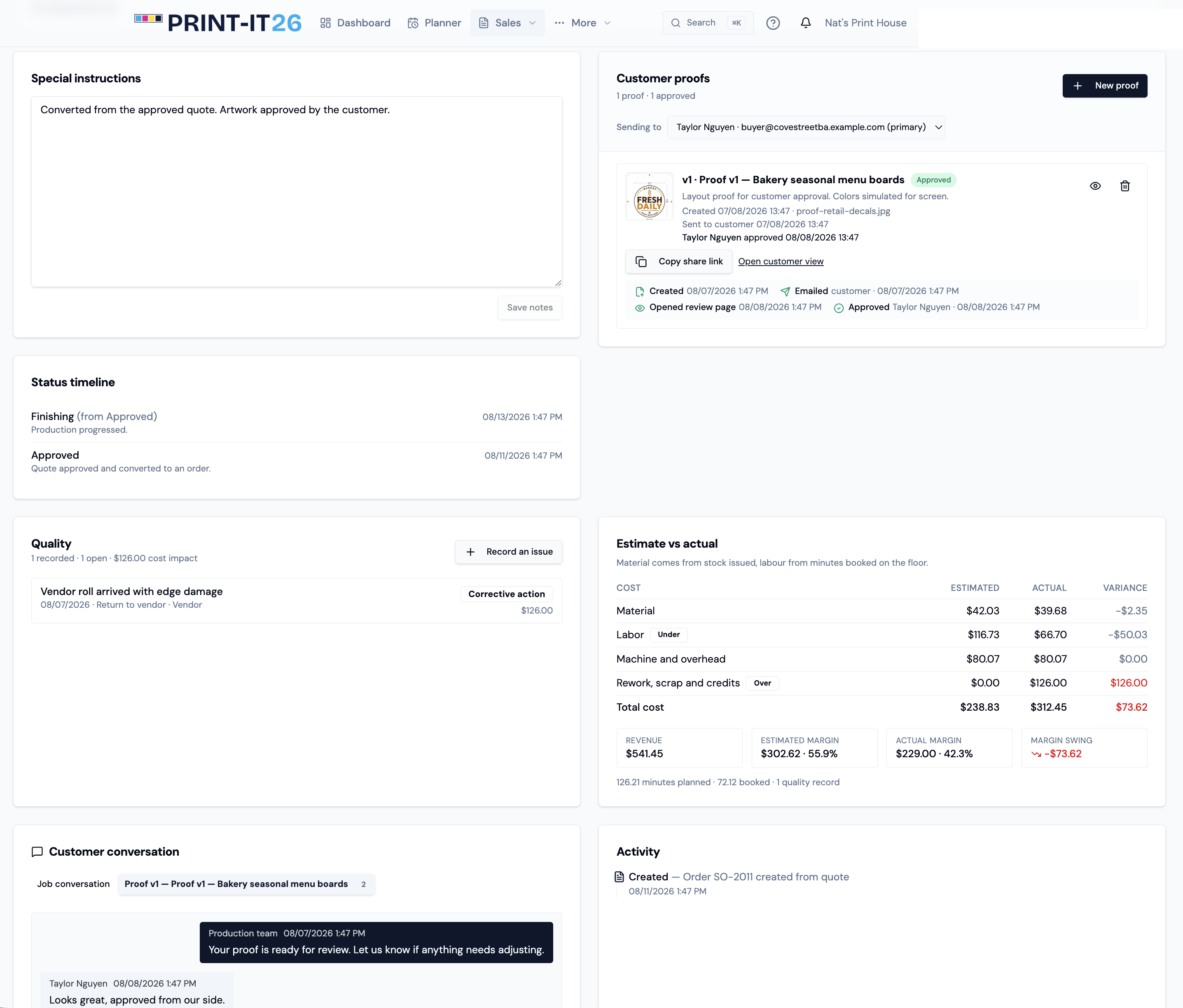 Print-It 26 job page showing proof history, quality issue costs and estimate versus actual performance