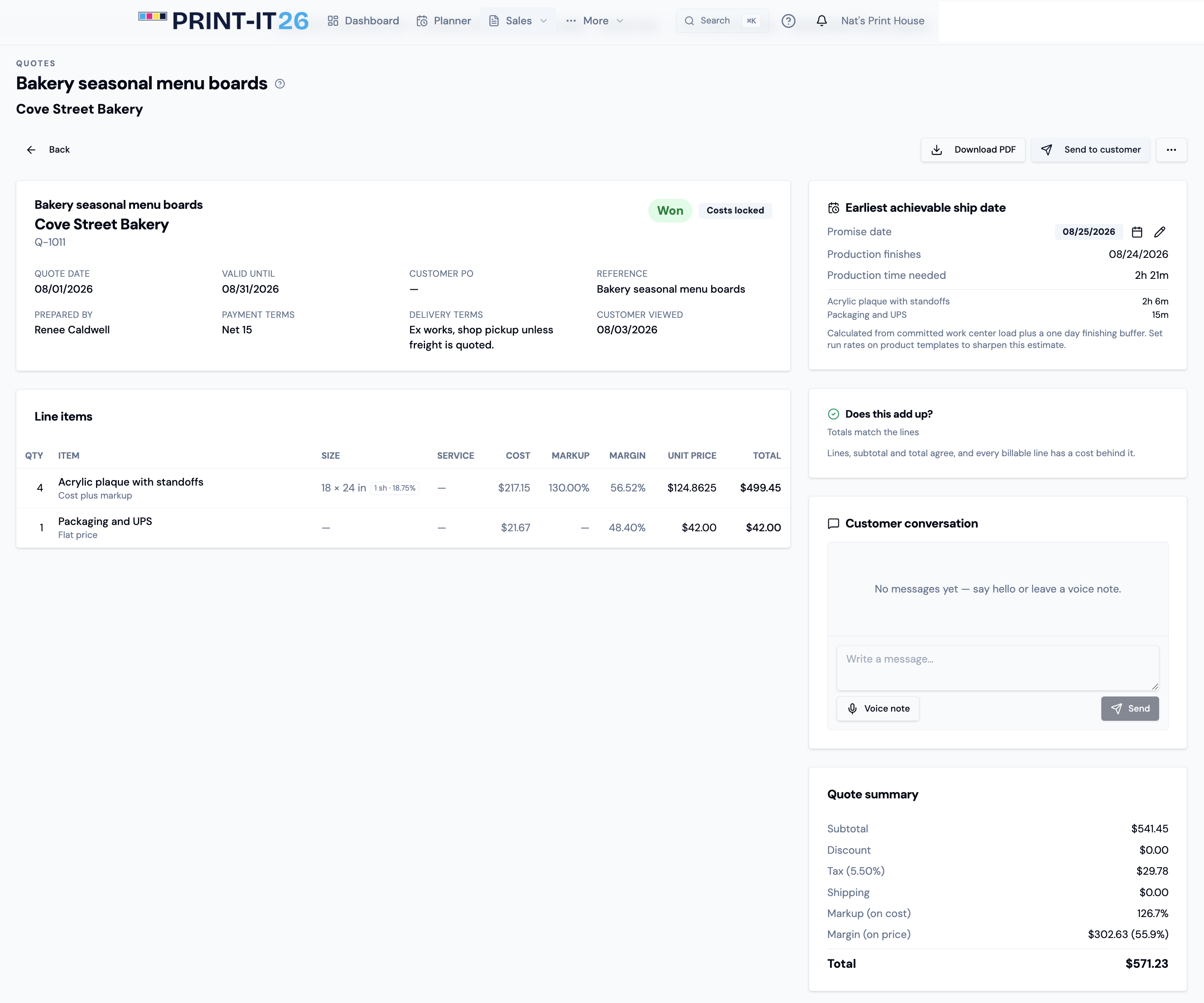 Print-It 26 quote detail page showing cost-based line items, margins, totals and promised ship date