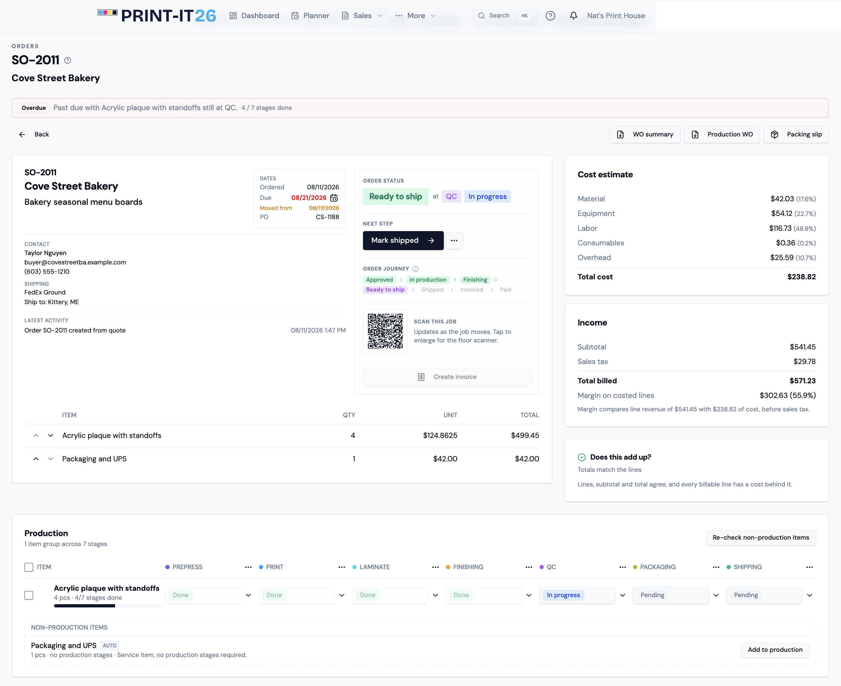 Print-It 26 sales order showing order journey, cost estimate, income and production stages